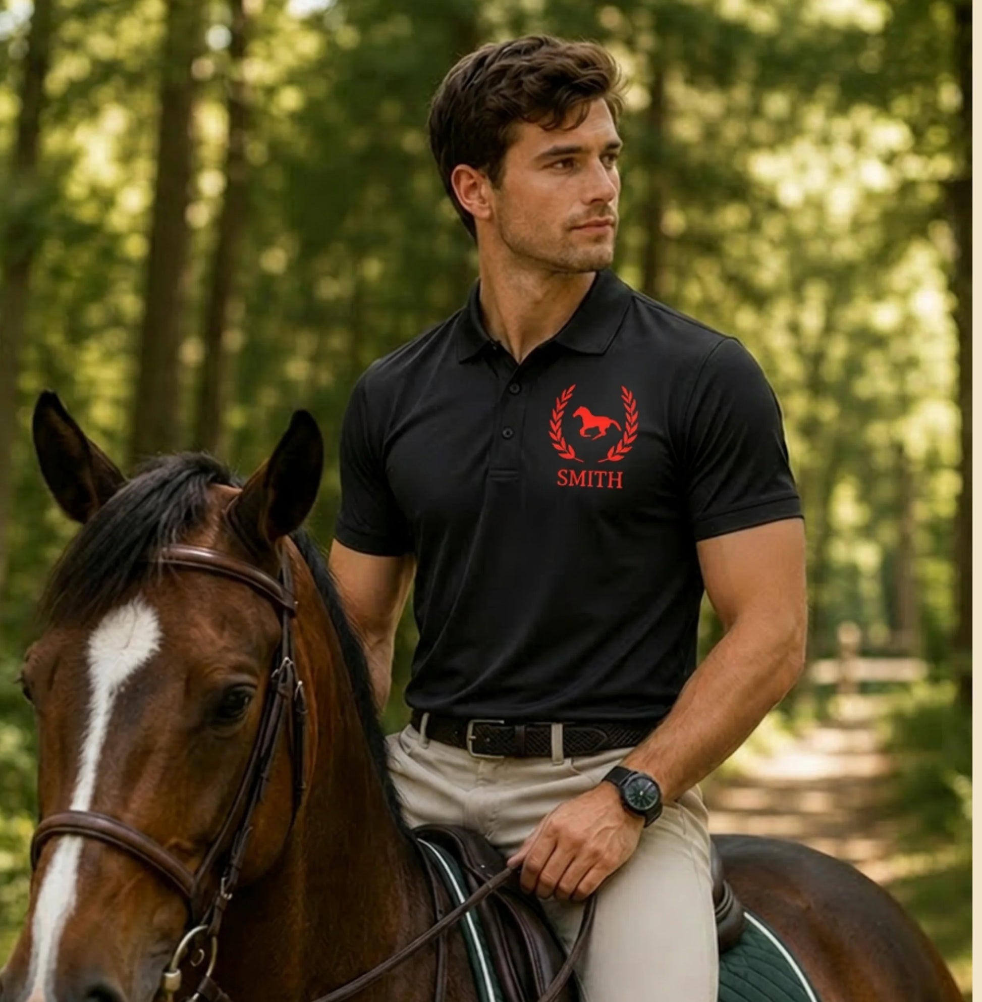 black polo shirt red horse Man riding a horse in a forest wearing a black polo shirt with a red logo and 'Smith' text.