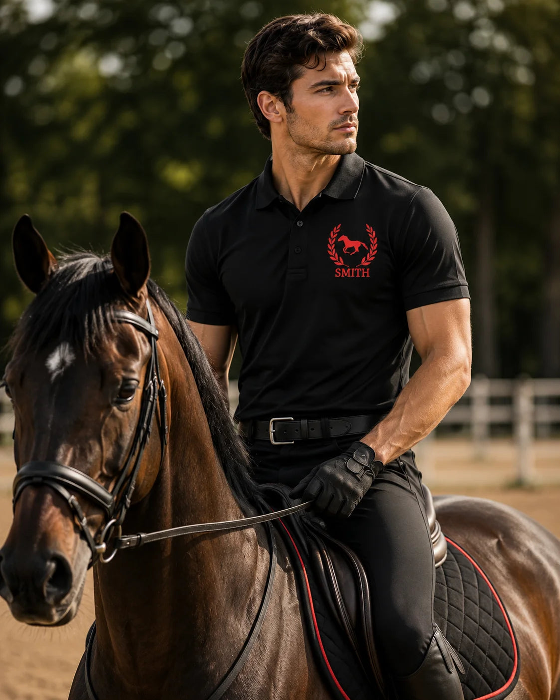 black polo shirt red horse Man riding a horse wearing a black polo shirt with a red logo and text.