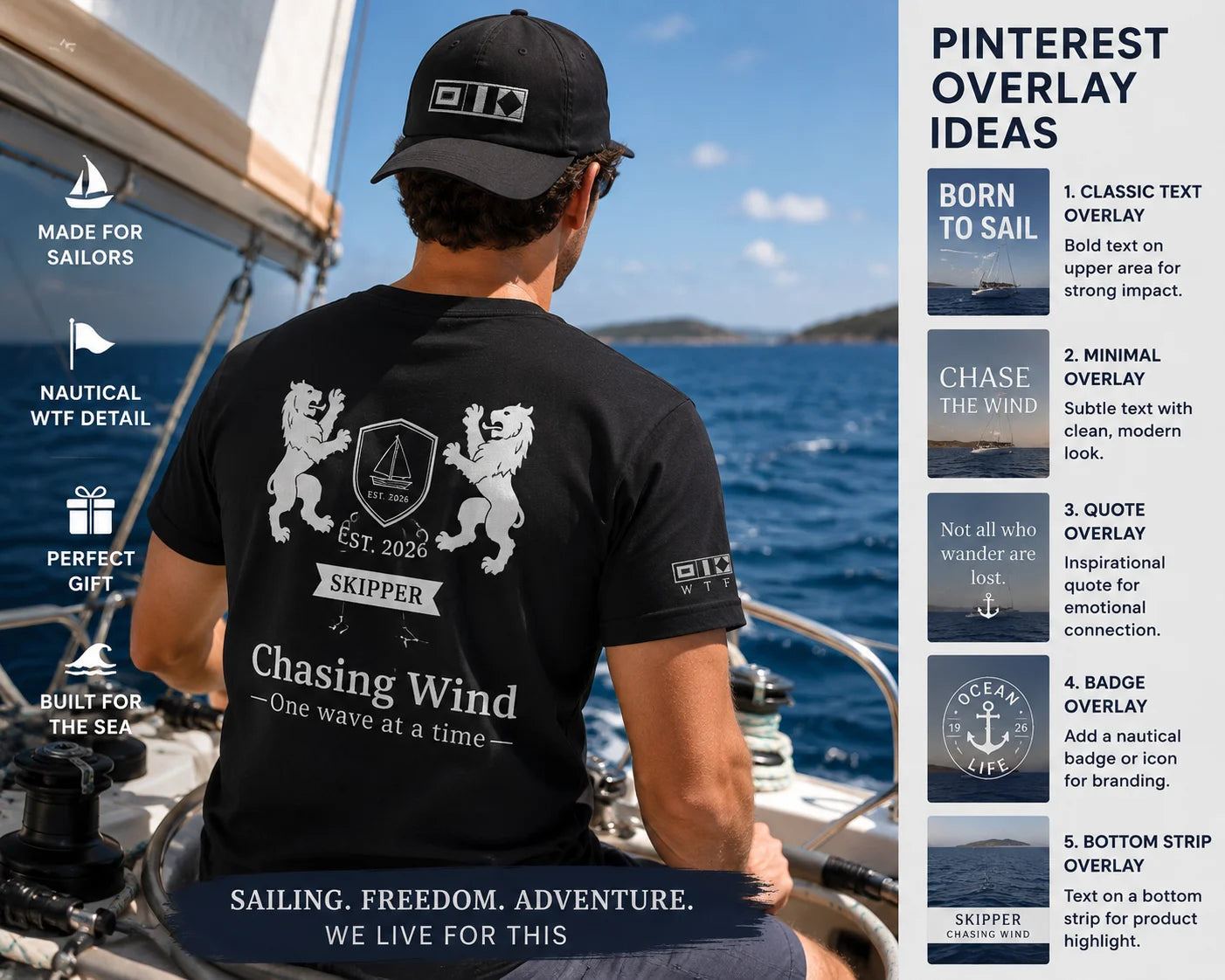 Sailing Cap Man on a boat wearing a black t-shirt with white text and graphics, surrounded by sailing-themed elements.