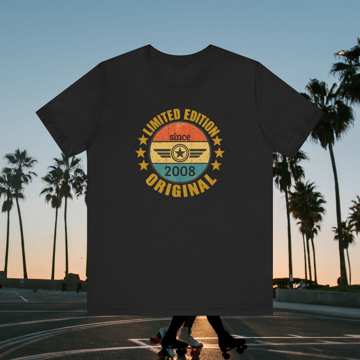 custom year birthday t shirt A dark charcoal gray t-shirt with a retro circular graphic on the chest, featuring the text 'LIMITED EDITION ORIGINAL since 2008' in yellow, orange, and teal. The shirt is displayed as a mockup against a sunset backdrop with palm trees and a skateboarder in a parking lot.