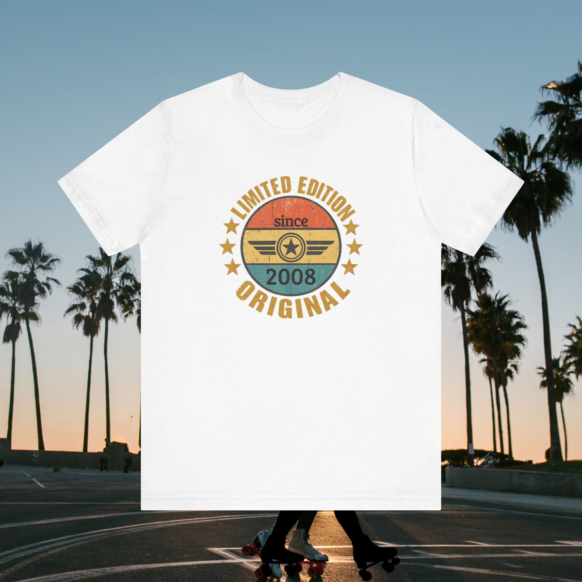 custom year birthday t shirt A white short-sleeve t-shirt with a retro circular graphic on the chest reading 'LIMITED EDITION since 2008 ORIGINAL'. The shirt is displayed against a background of a sunset street scene with palm trees and a skateboarder.