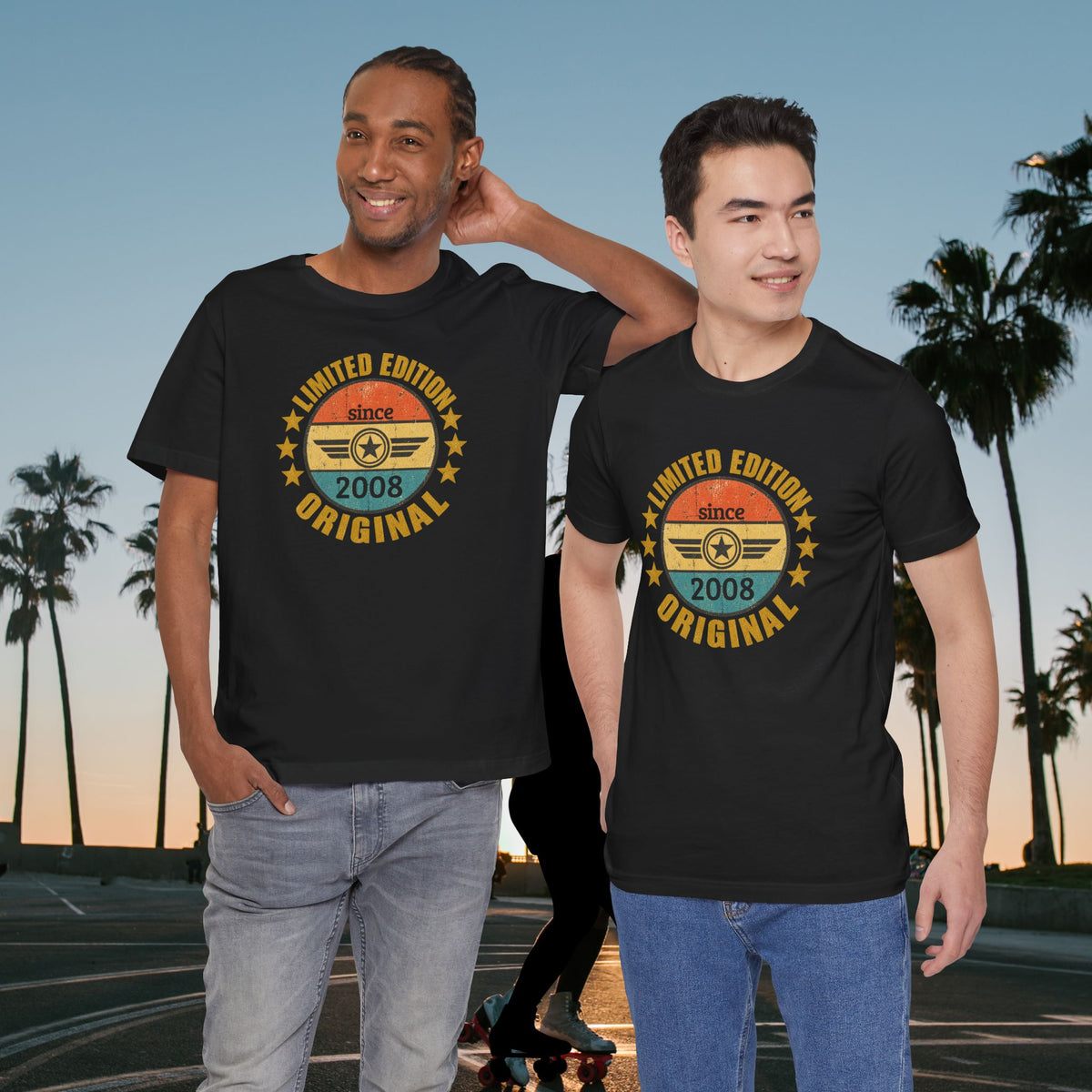 custom year birthday t shirt Two men wearing matching black graphic t-shirts with a retro 2008 car design in yellow, orange, and blue, set against a sunset street scene with palm trees.