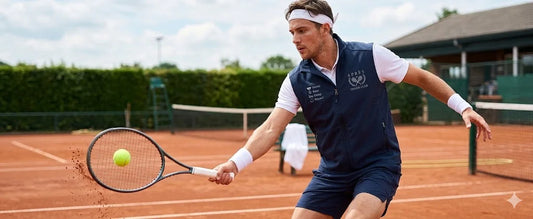 Tennis Sweater Vest Tennis player in action on a clay court with a racket and ball.