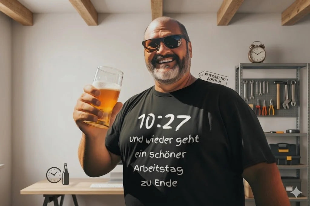 Lustiges T Shirt Man holding a beer glass in a workshop setting