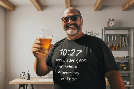 Lustiges T Shirt Man holding a beer glass in a workshop setting