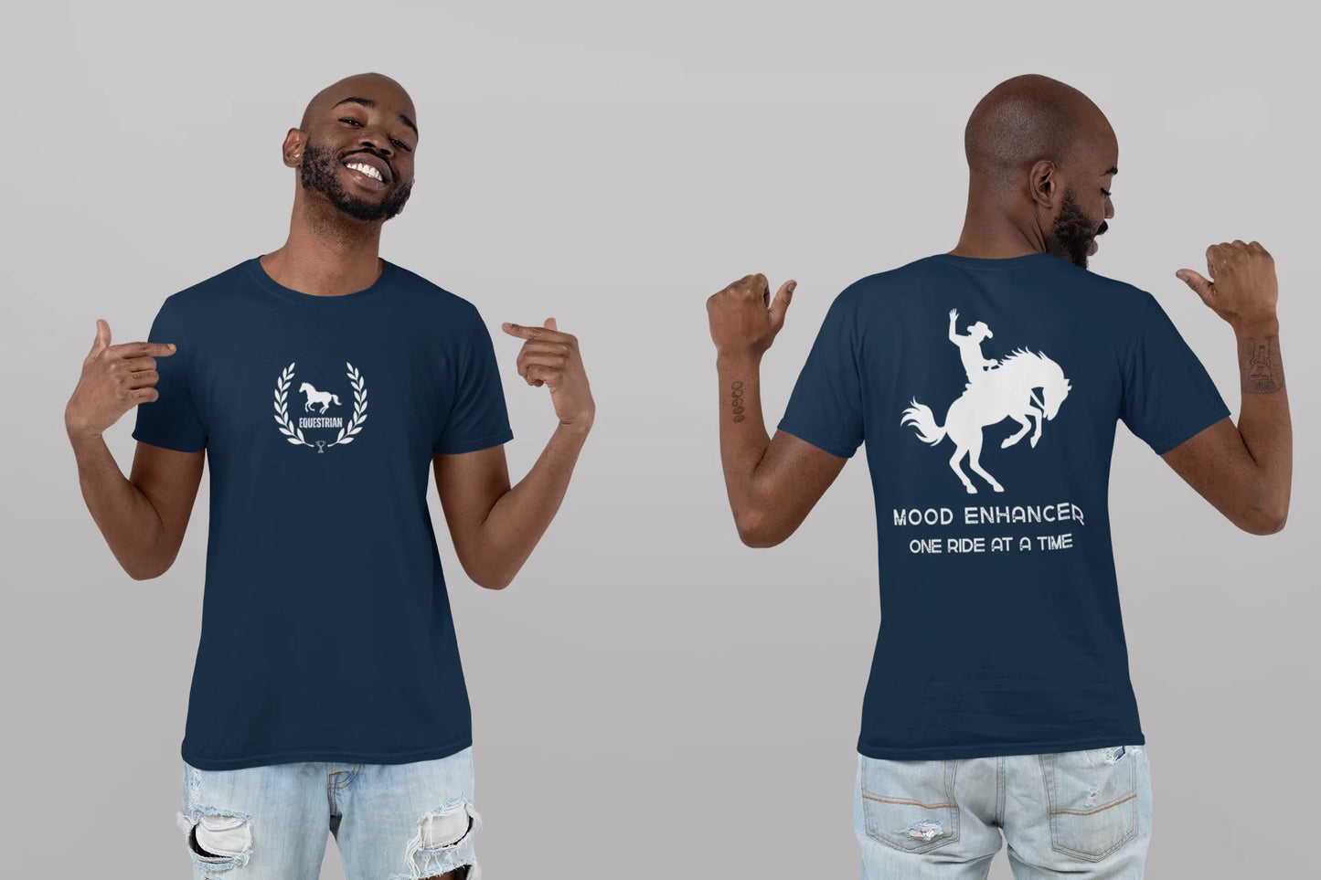 Man wearing a navy blue t-shirt with a white graphic and text, showing front and back views against a gray background.