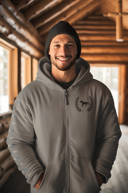 Barn to street Man wearing a gray hoodie with a logo indoors