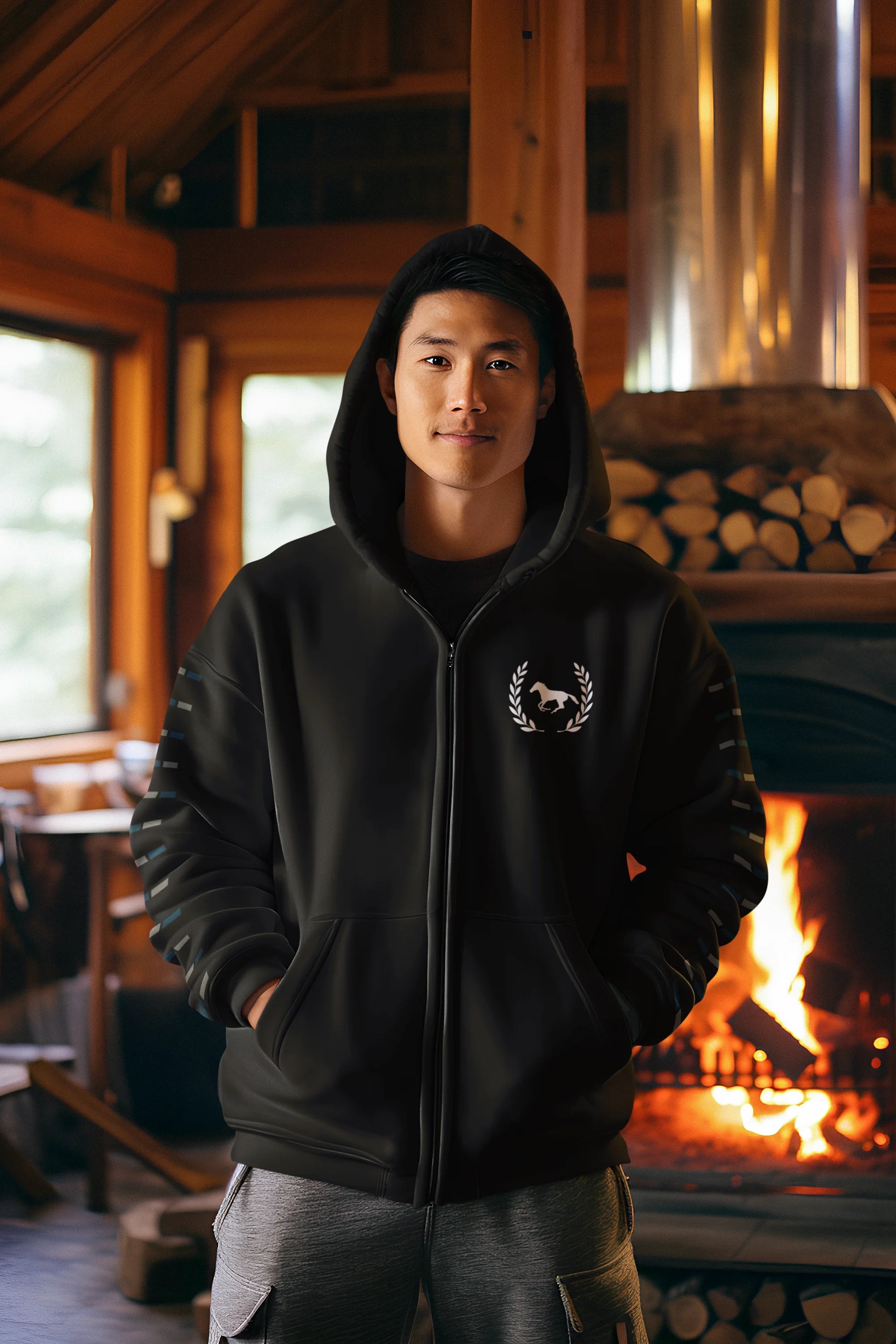 Person wearing a black hoodie with a logo in front of a fireplace