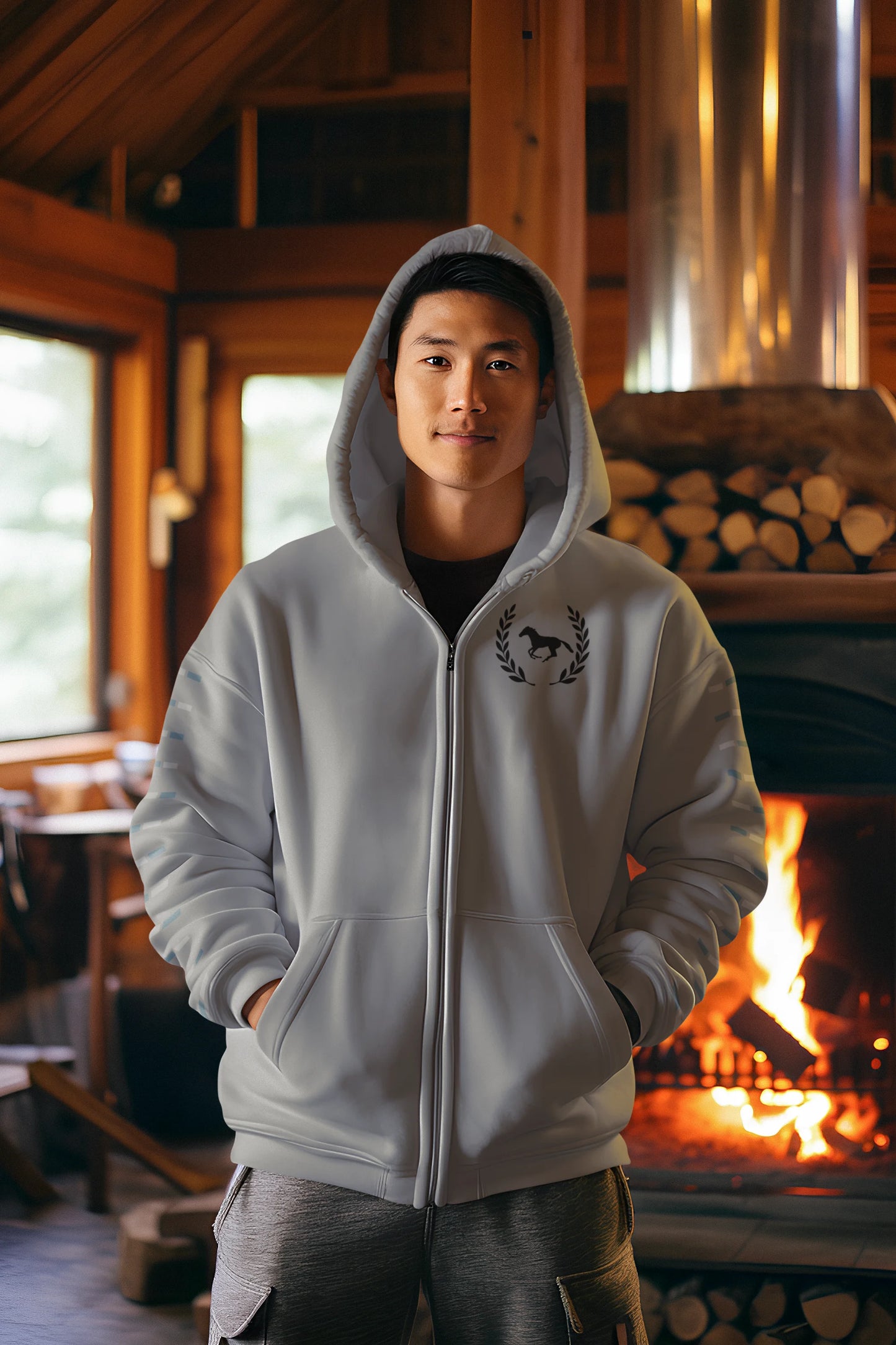 Barn to street Person wearing a gray hoodie with a logo in front of a fireplace