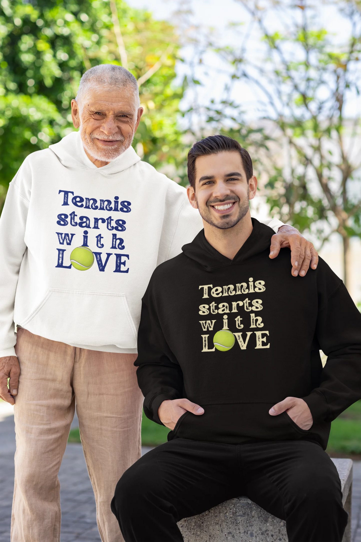 Two people wearing hoodies with 'Tennis starts with LOVE' text and tennis ball graphics.