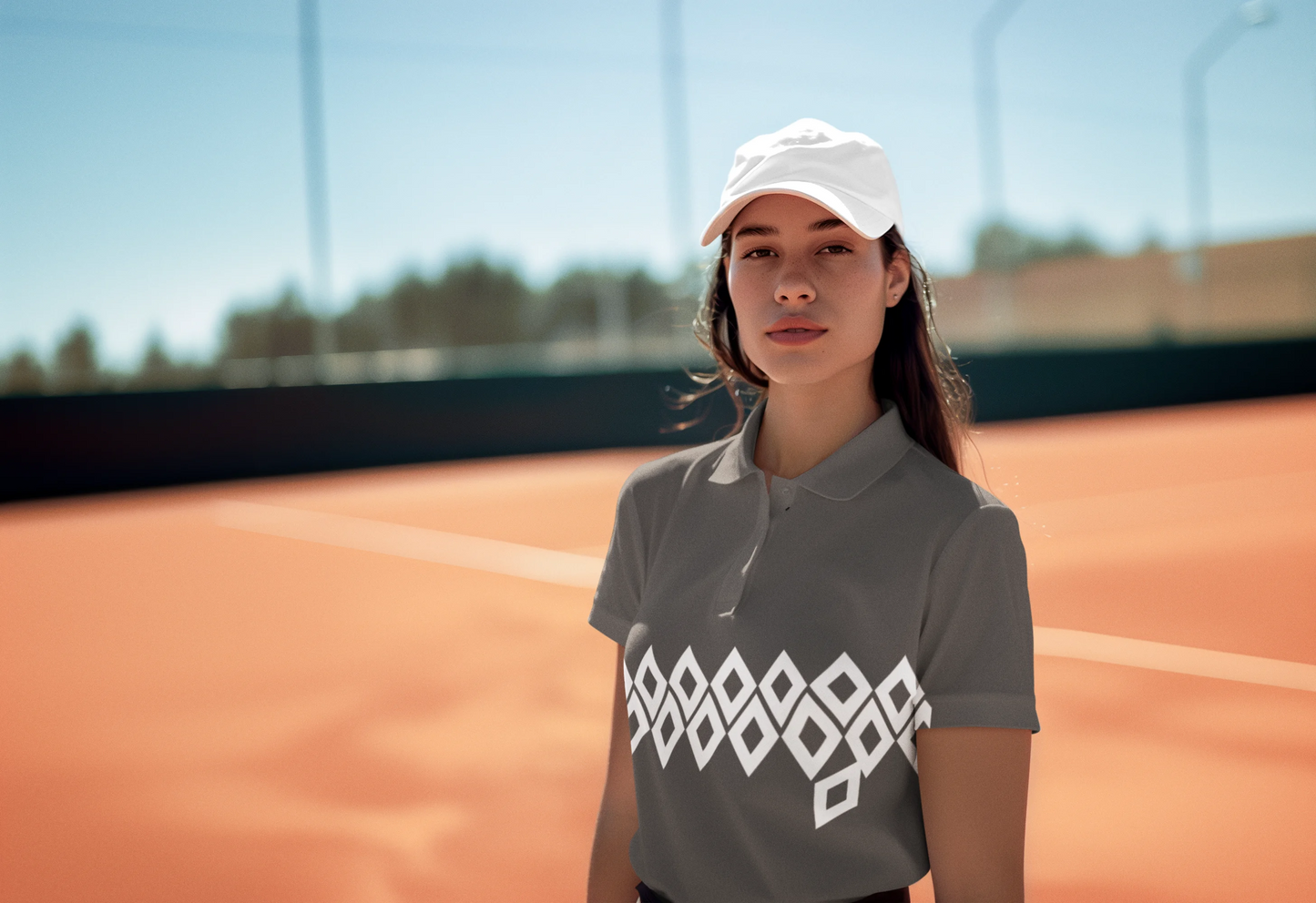 Person wearing a gray polo shirt with a white geometric pattern on the front