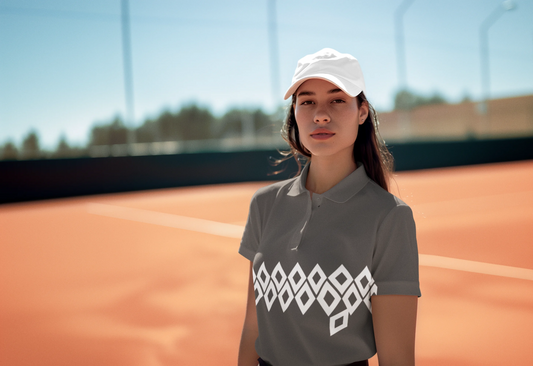 Person wearing a gray polo shirt with a white geometric pattern on the front