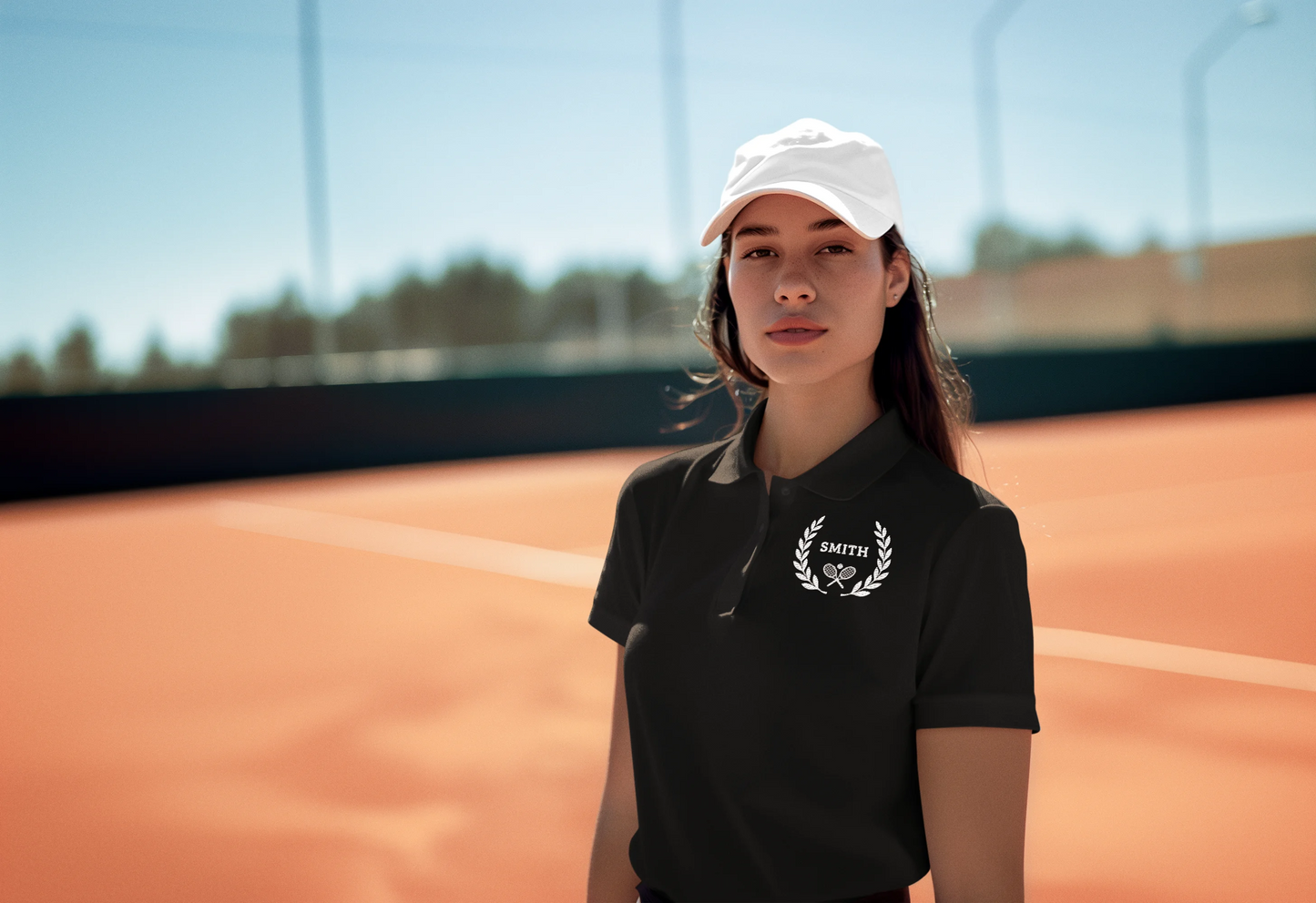 Custom tennis shirt Person wearing a black t-shirt with a logo on a tennis court