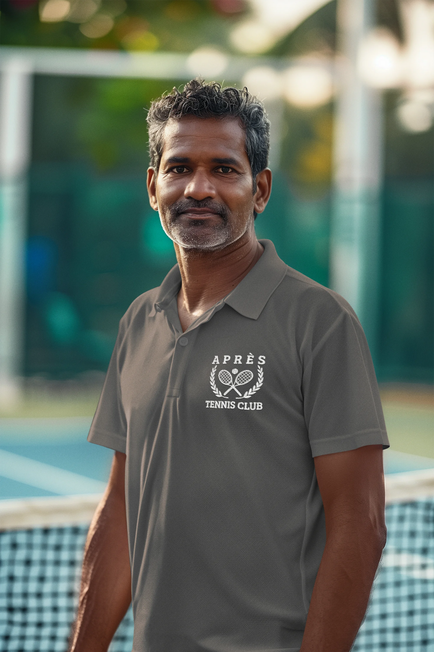Tennis Polos Man wearing a gray polo shirt with a tennis club logo on a tennis court