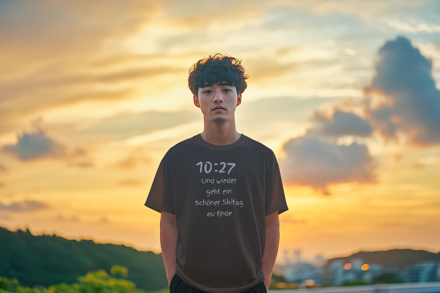 Person wearing a brown t-shirt with text standing against a sunset sky