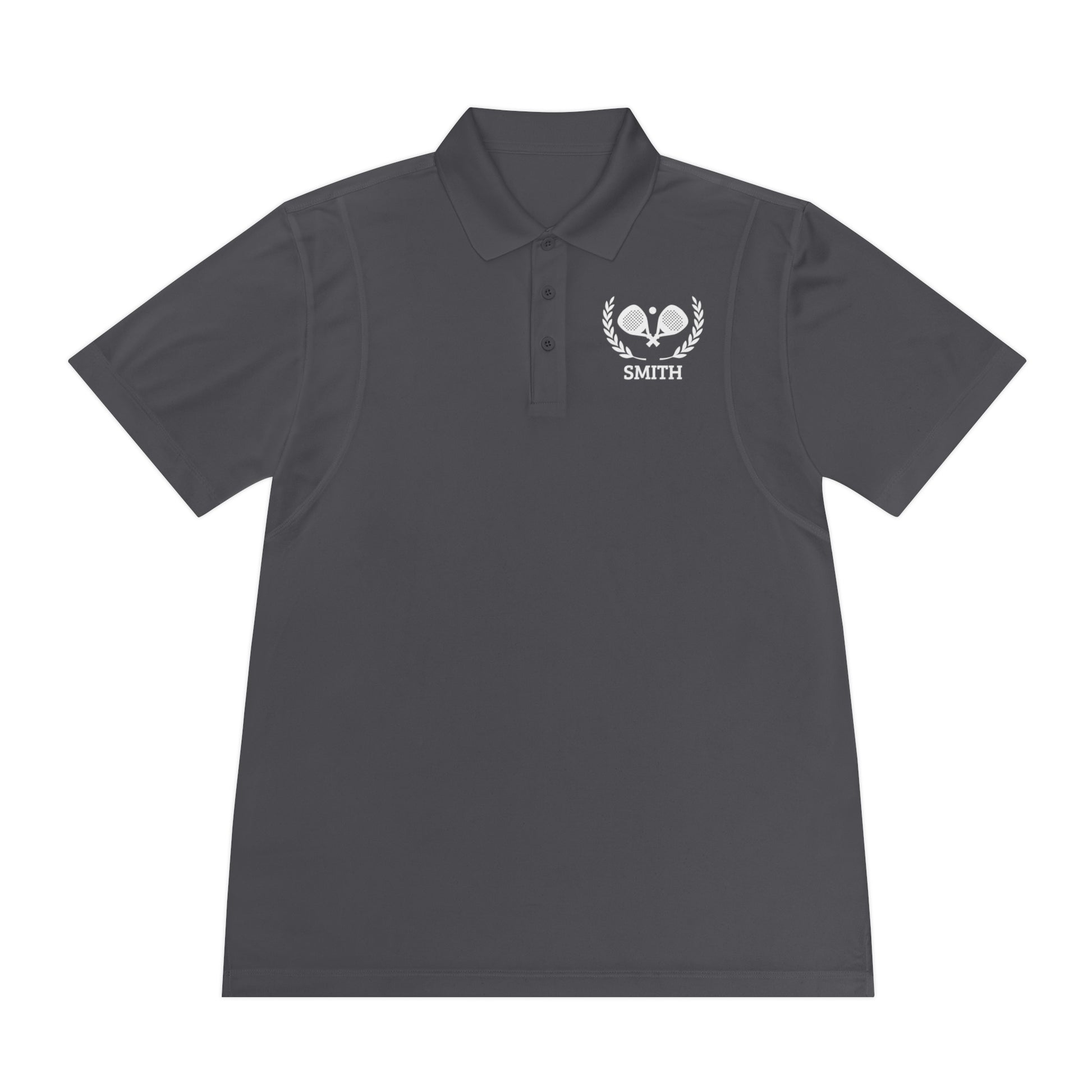 personalized padel gift Dark gray polo shirt with a logo on the chest against a white background
