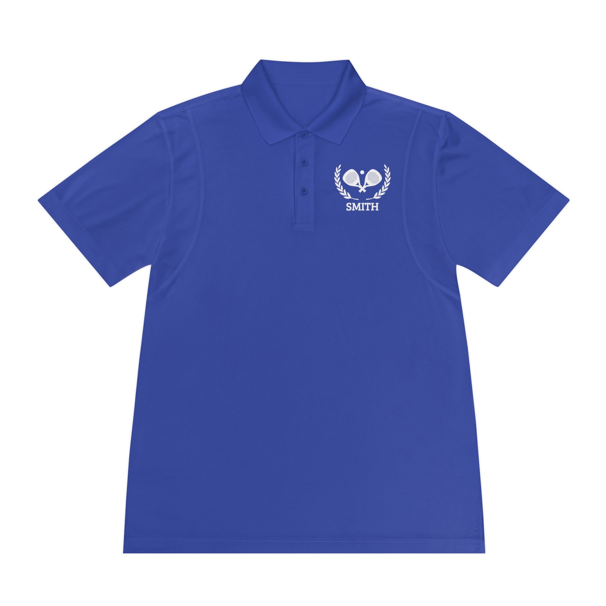 personalized padel gift A royal blue short-sleeve polo shirt with a white embroidered laurel wreath and heart design on the left chest, featuring the name 'SMITH' embroidered below it, shown on a plain white background.