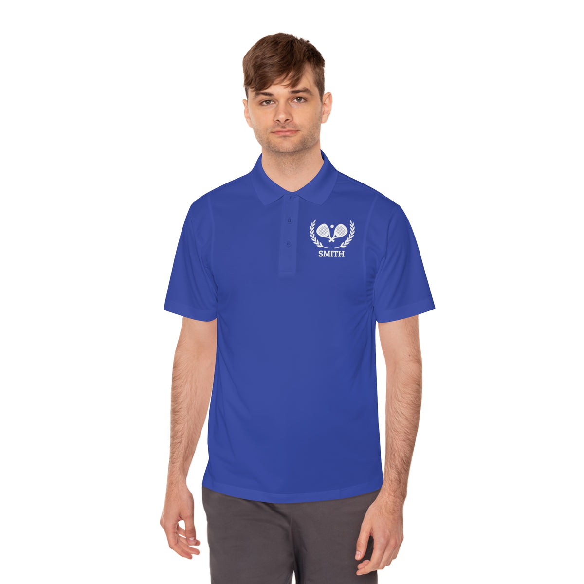 personalized padel gift Man wearing a blue polo shirt with a logo on a white background