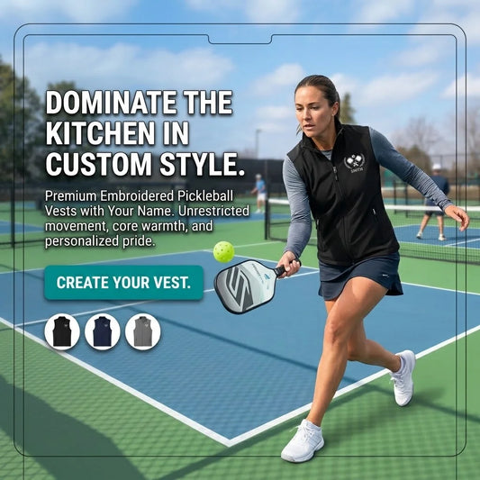 personalized pickleball gift A woman playing pickleball on an outdoor court wearing a black personalized embroidered vest with a white logo, alongside text promoting custom pickleball vests.