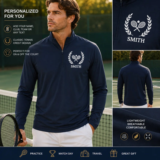 Personalized tennis racket sweater Navy blue sports jacket with 'Smith' logo on a tennis court
