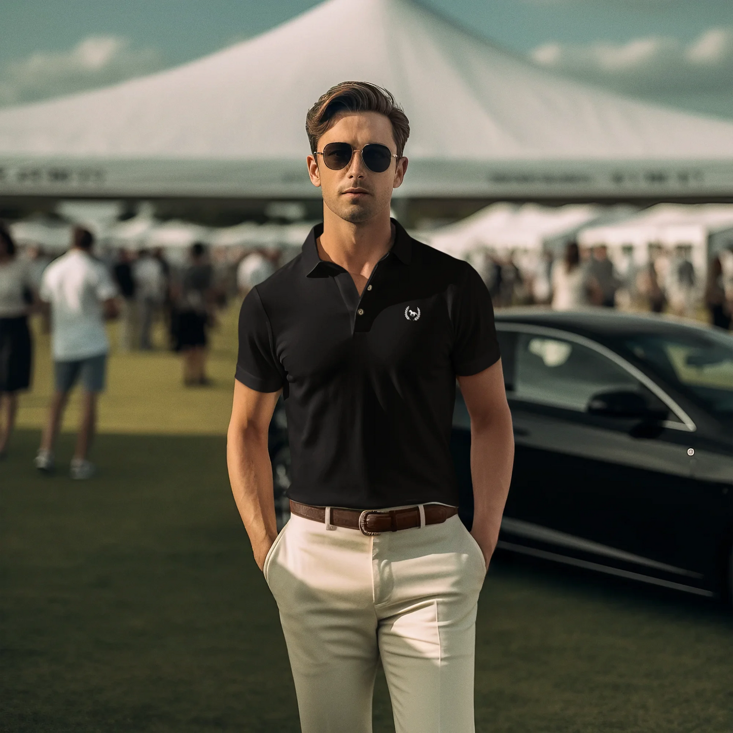 Man wearing sunglasses and a black polo shirt standing in front of a car at an outdoor event.