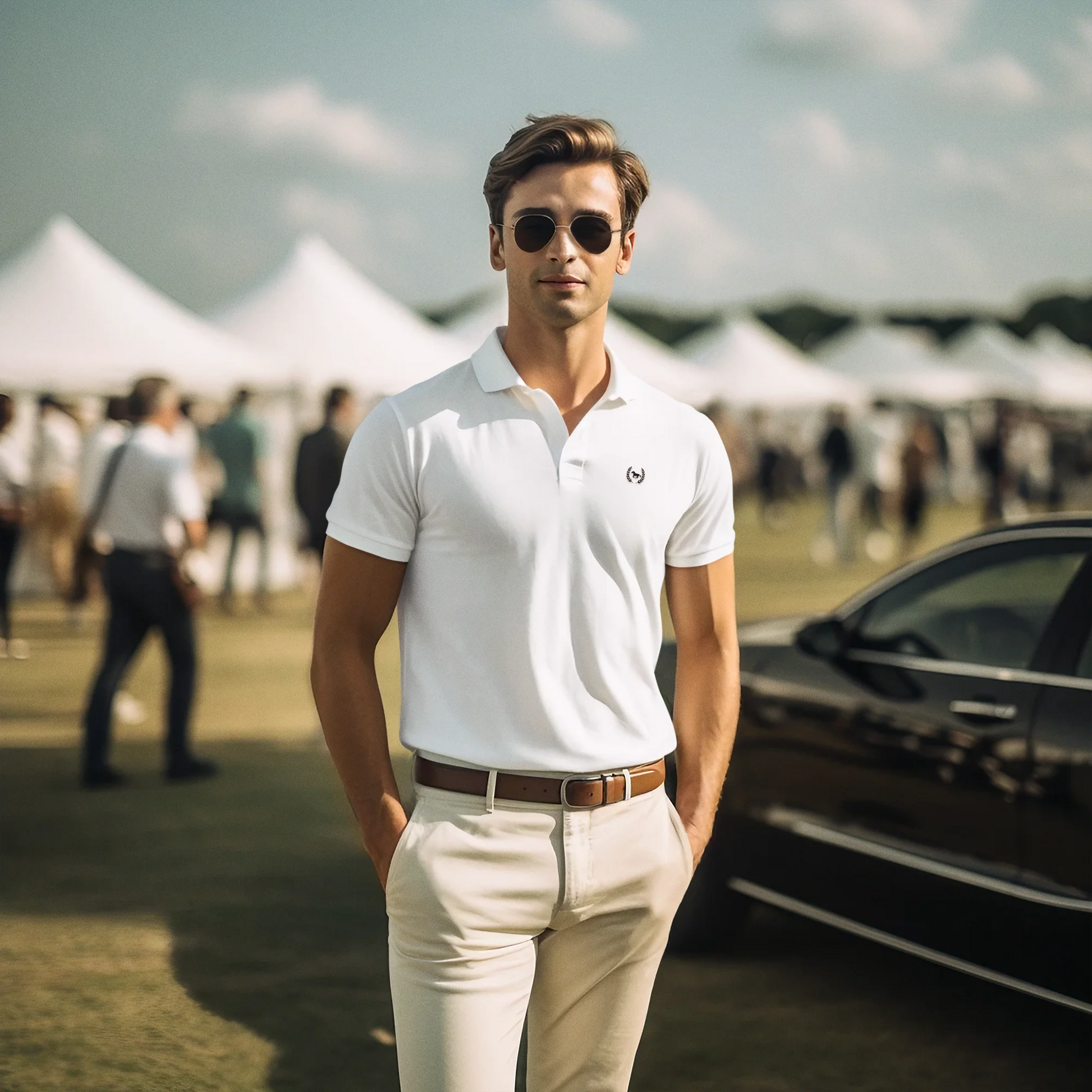 Man in a white polo shirt and beige pants standing in front of tents and a car.