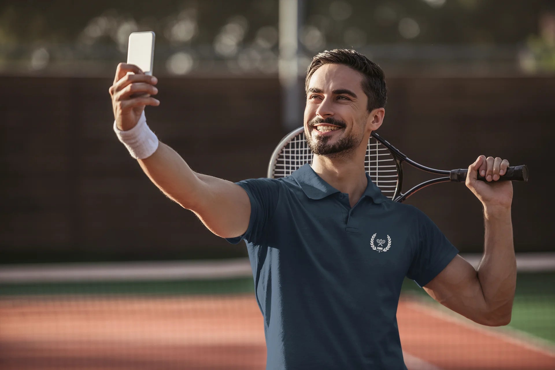 Man on a tennis court taking a selfie with a smartphone, holding a tennis racket.