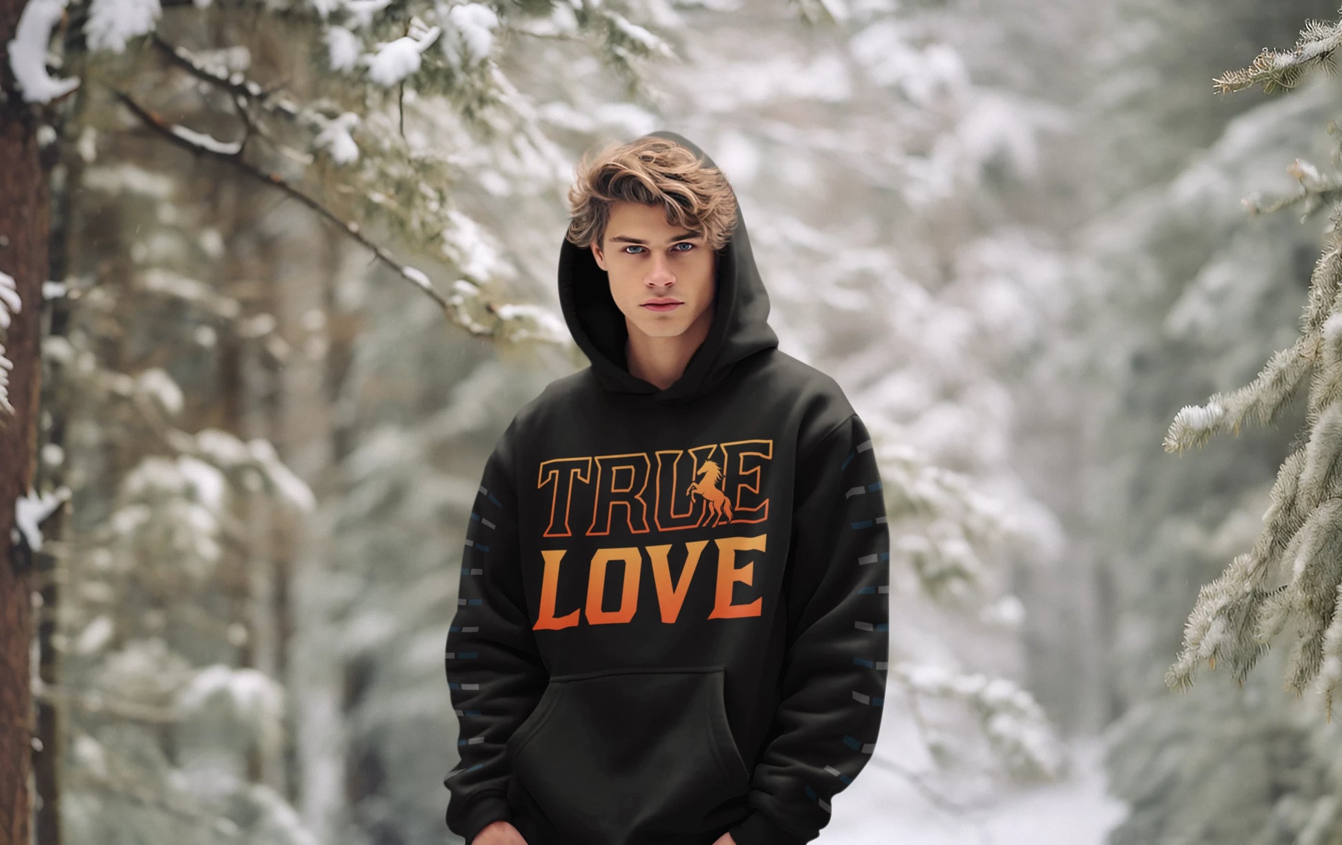 True love for a horse hoodie Person wearing a black hoodie with 'TRUE LOVE' text in a snowy forest