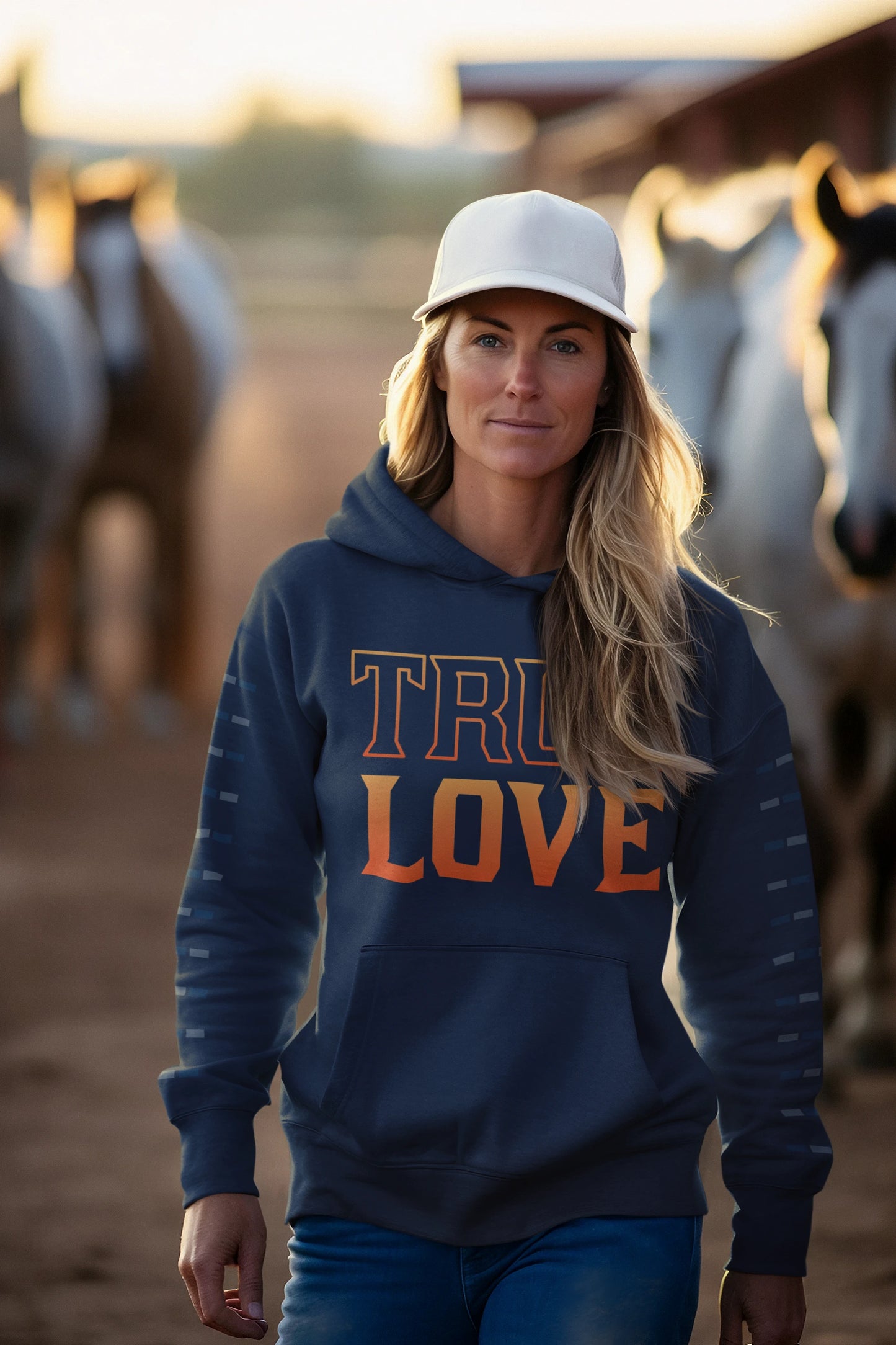 True love for a horse hoodie Woman wearing a hoodie with 'TRUE LOVE' text in an outdoor setting with horses.