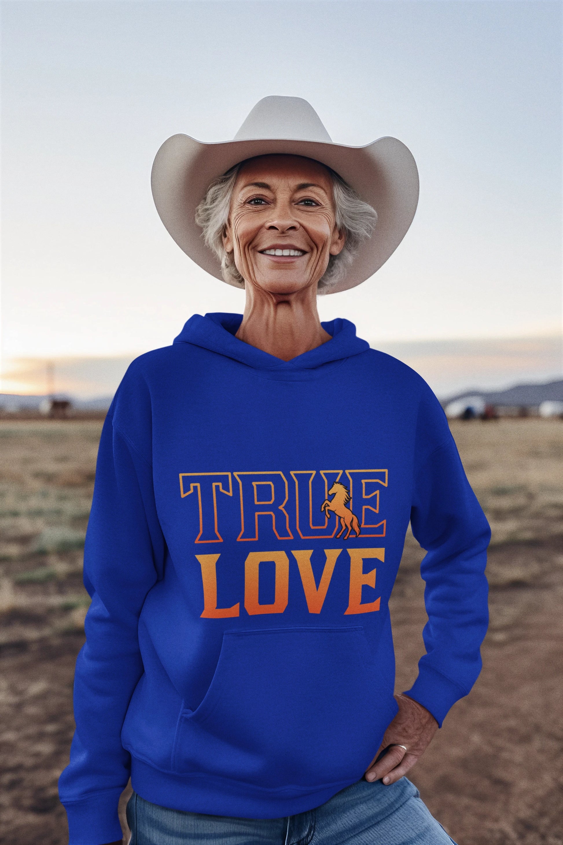 True love for a horse hoodie Person wearing a blue hoodie with 'TRUE LOVE' text and a horse graphic, standing in a desert landscape.