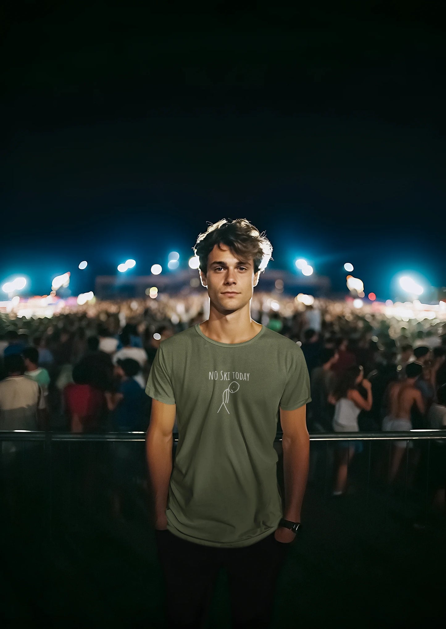 Person at a concert with a crowd and stage lights in the background