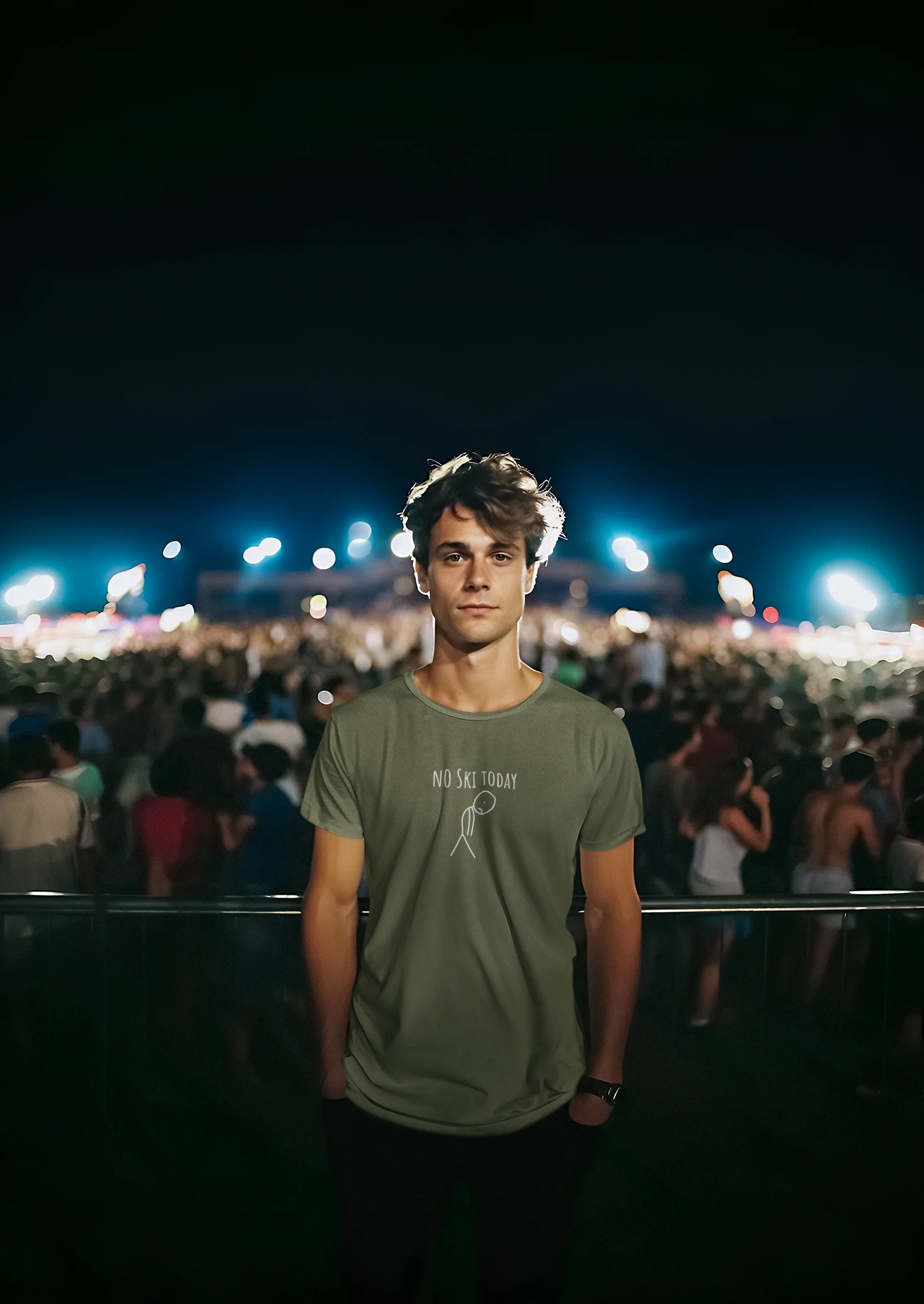 Person at a concert with a crowd and stage lights in the background