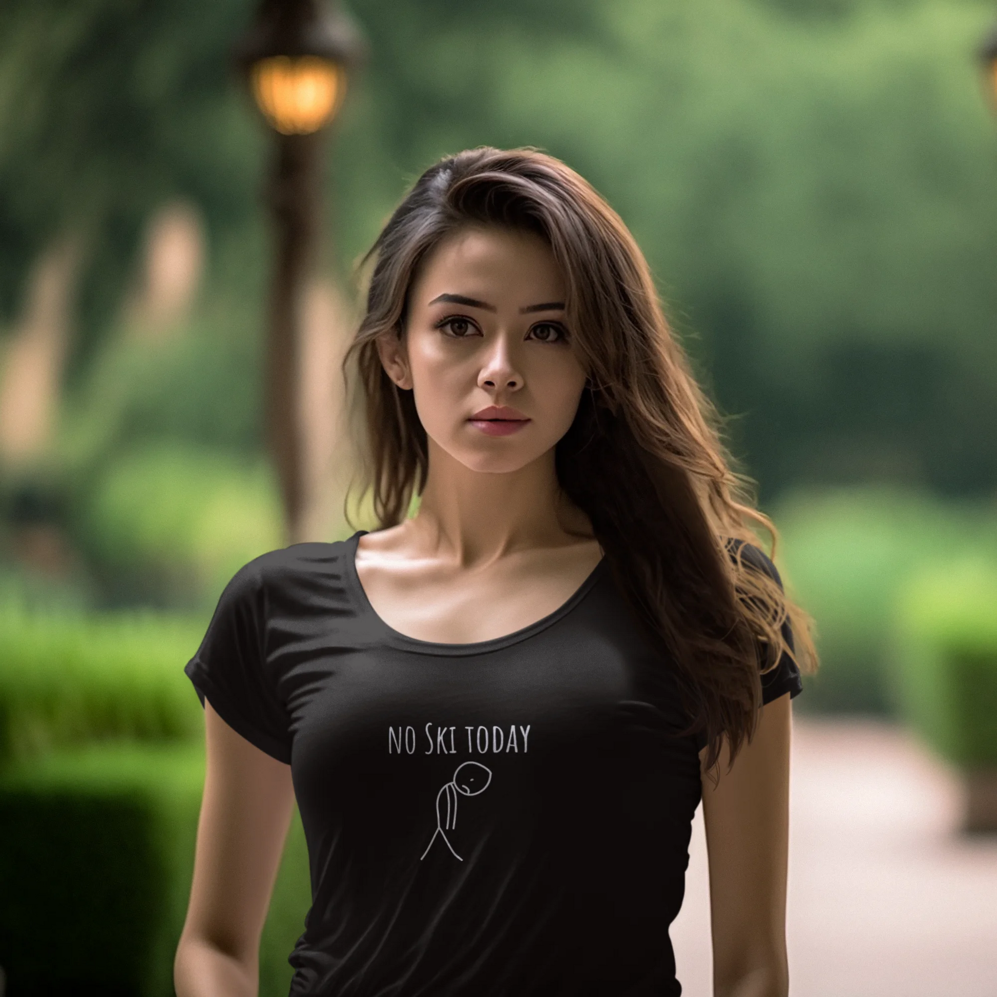 Woman wearing a black t-shirt with 'No Ski Today' text in an outdoor setting