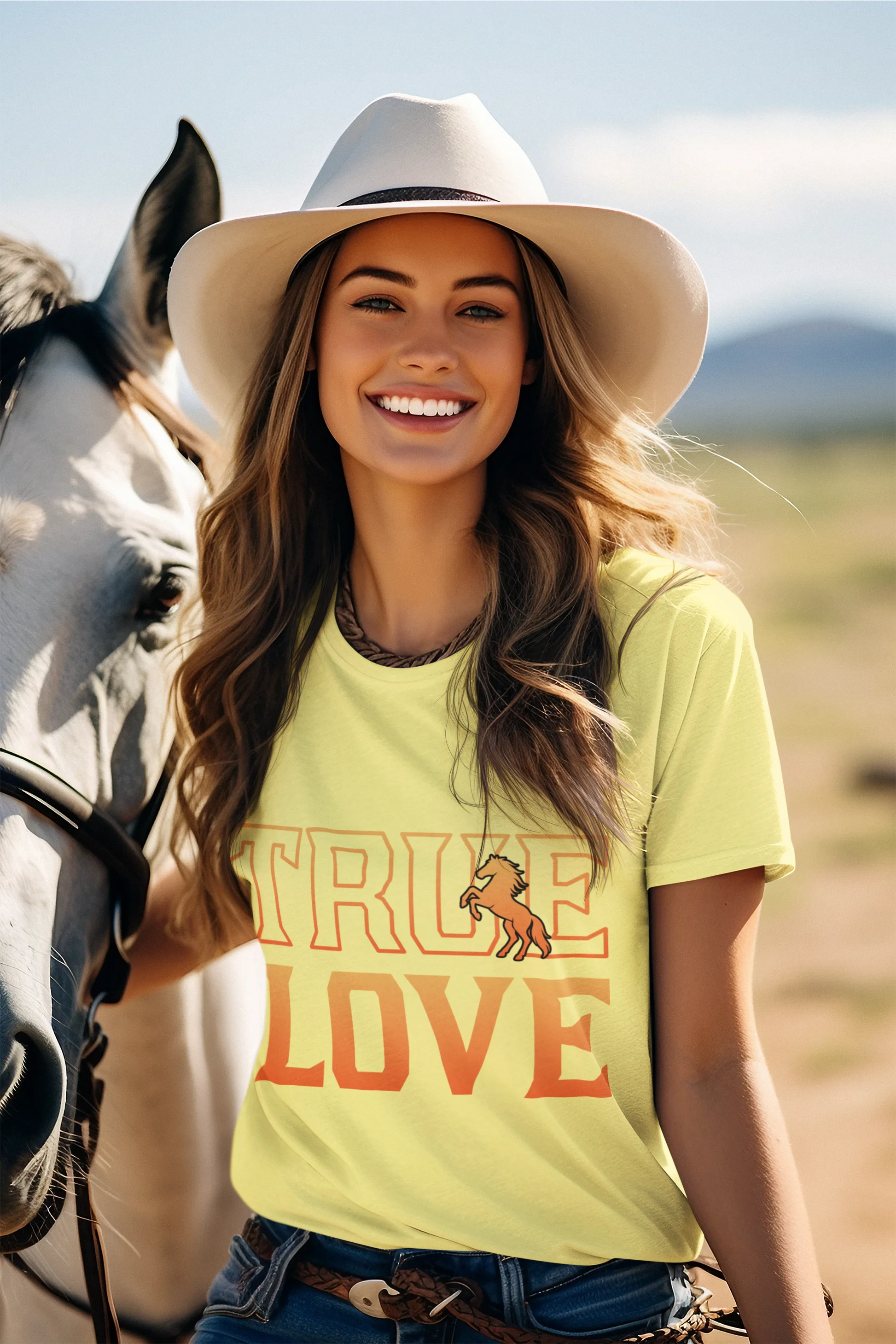 Woman wearing a 'True Love' t-shirt with a horse graphic, standing next to a horse in an outdoor setting.