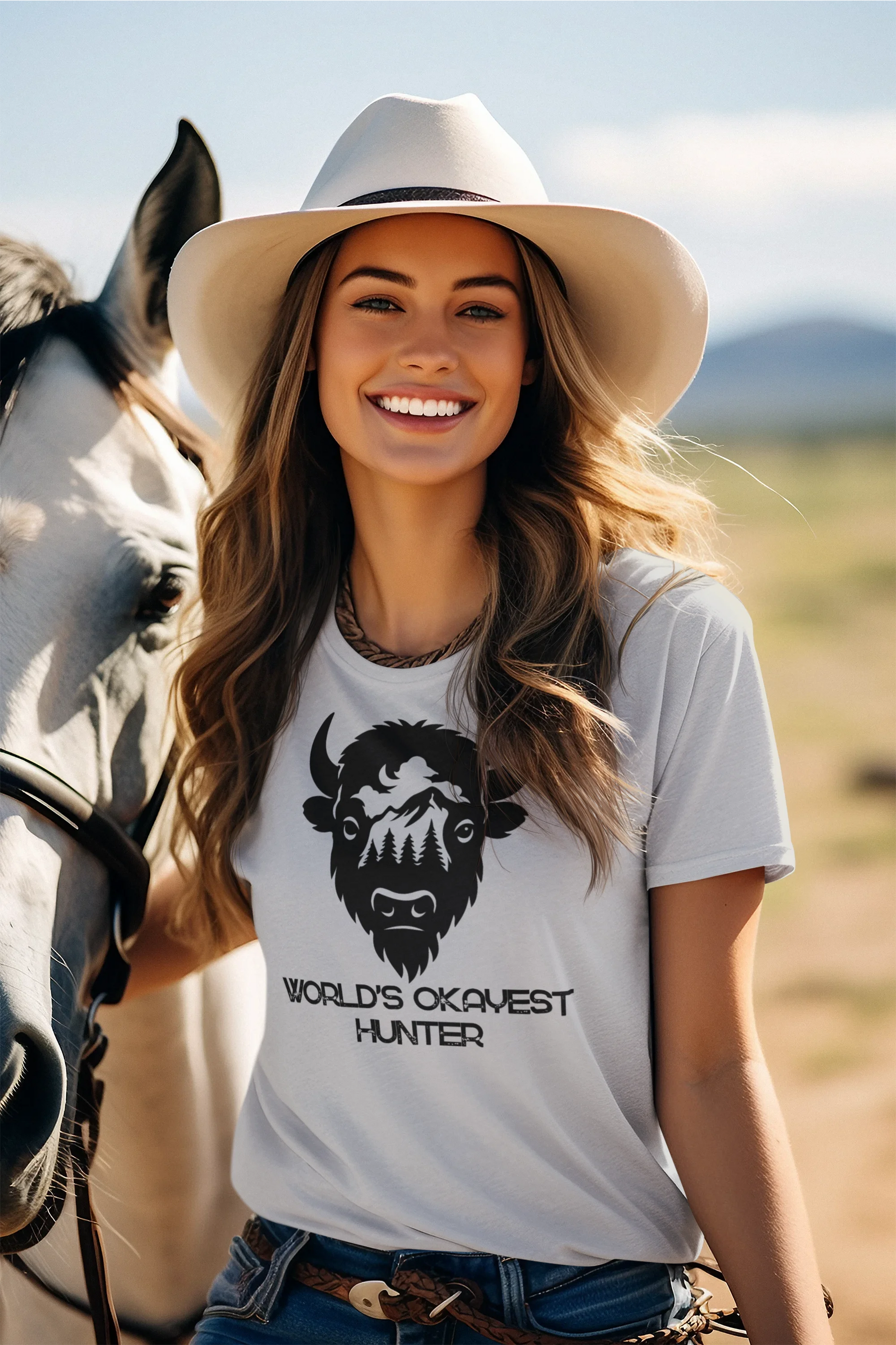 Woman wearing a white t-shirt with a graphic design and text, standing next to a horse in an outdoor setting.
