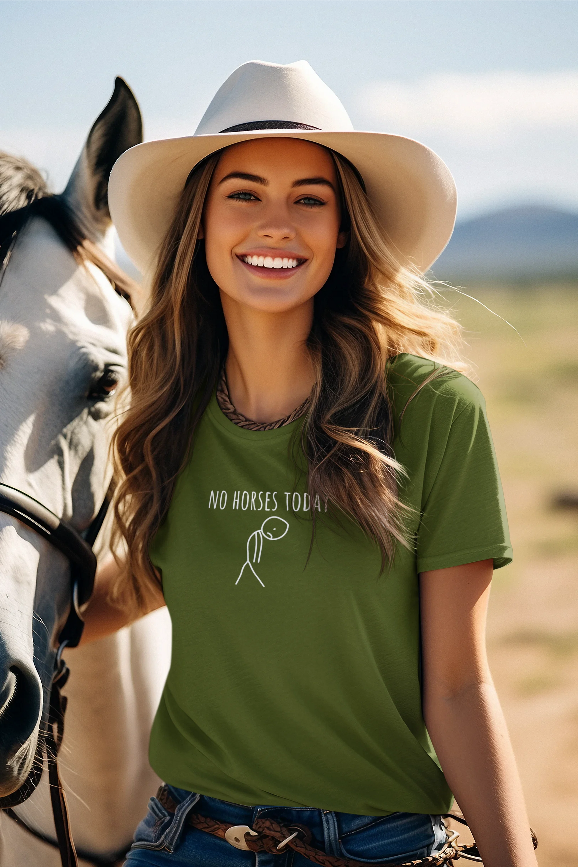 Woman wearing a green t-shirt with 'No Horses Today' text and graphic, standing next to a horse in an outdoor setting.