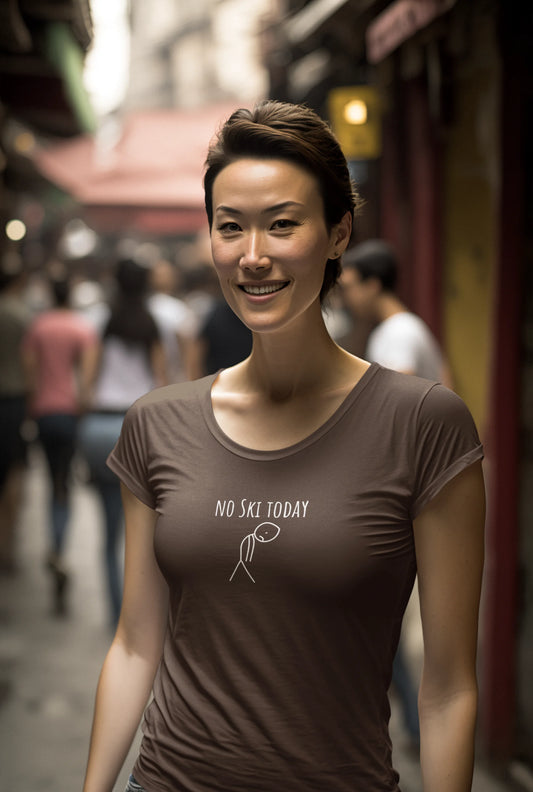 Woman wearing a brown t-shirt with 'No Ski Today' text in an urban setting