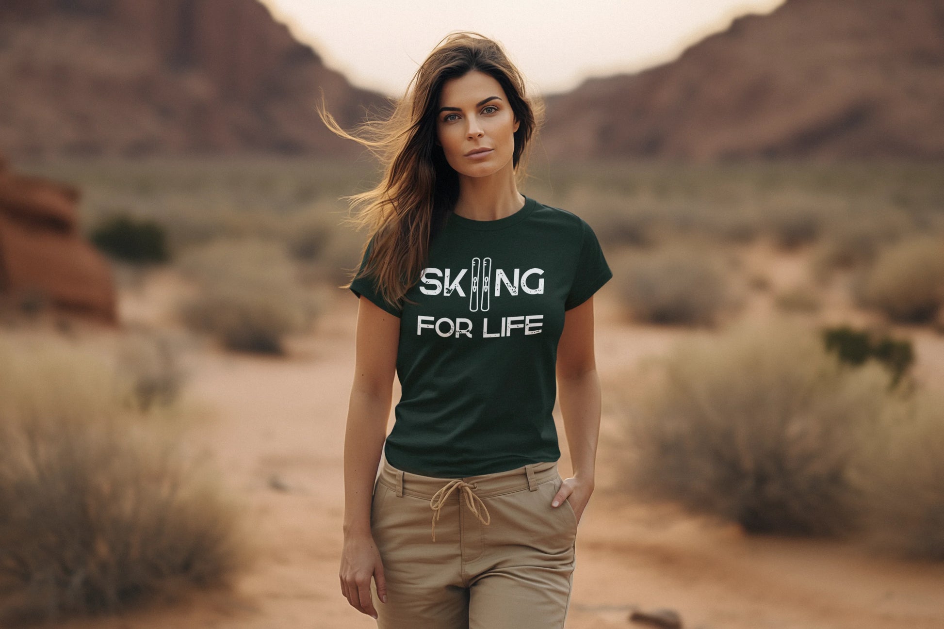 Woman wearing a green t-shirt with 'SKIING FOR LIFE' text in a desert setting
