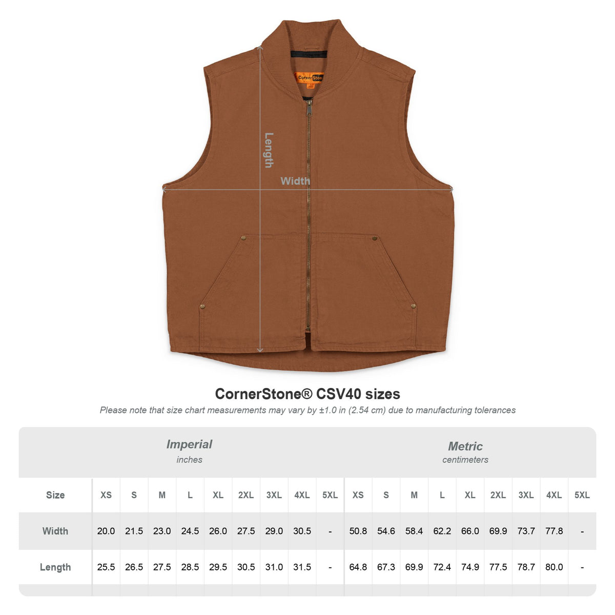 Brown vest with size chart on a white background