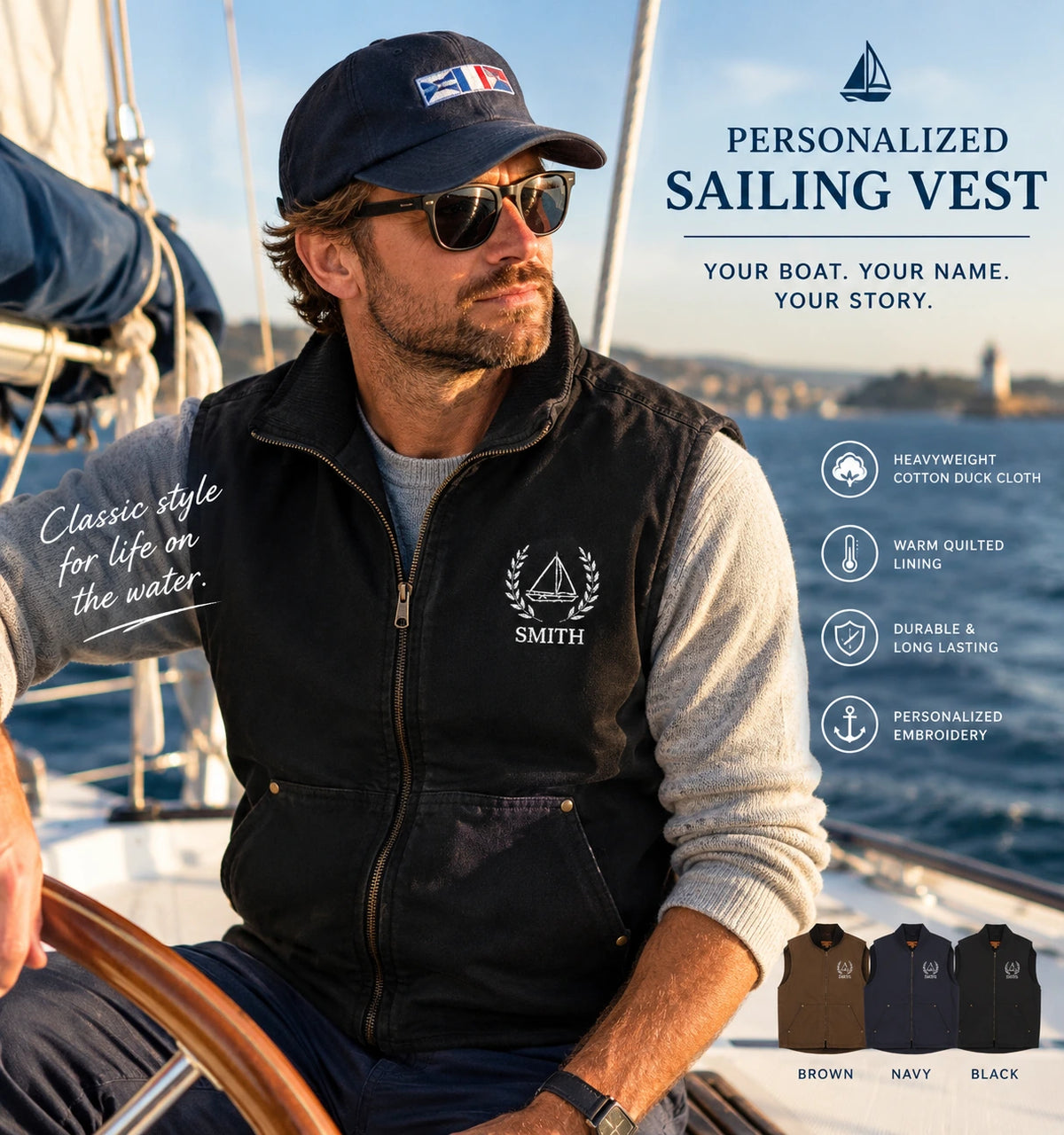 sailing vest A man wearing a personalized black sailing vest with a custom triangular wreath logo and the name 'SMITH' on the chest, sitting on a sailboat. The image includes promotional text, product features, and small color options at the bottom right.