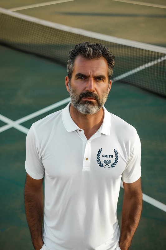 Custom tennis shirt Man wearing a white polo shirt with a logo on a tennis court