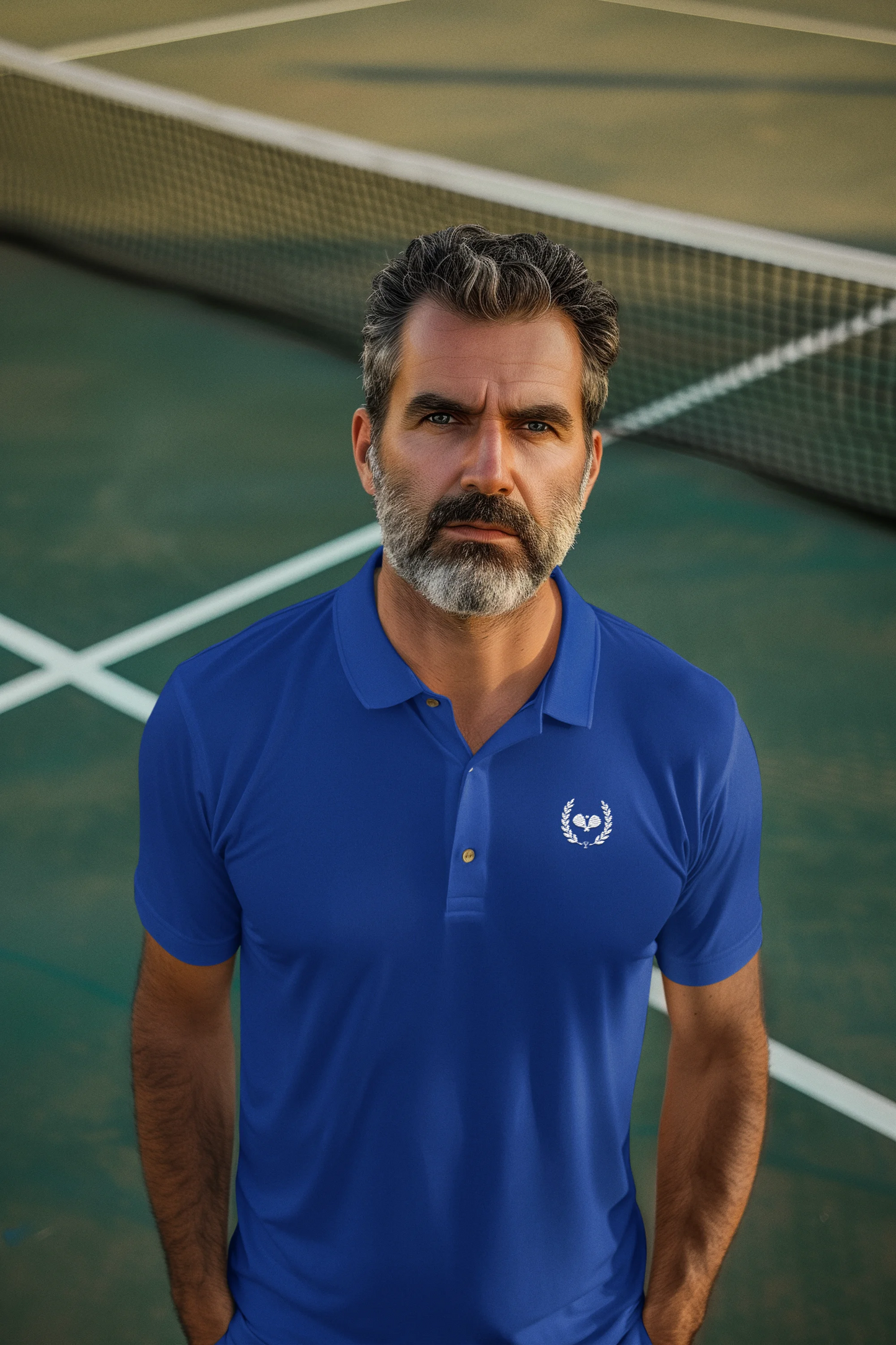 Man wearing a blue polo shirt on a tennis court