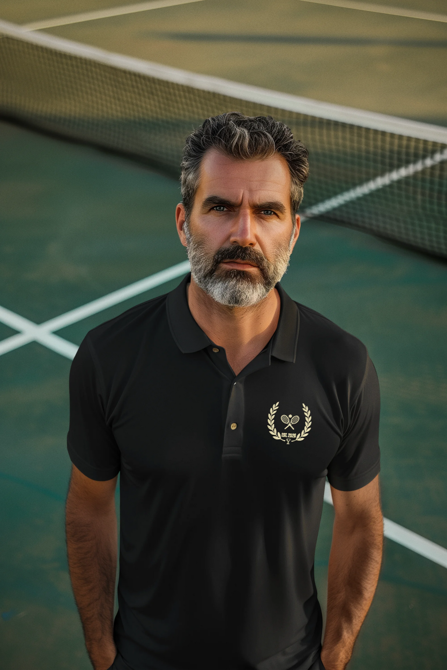 Tennis Polo Women Man wearing a black polo shirt with a logo on a tennis court