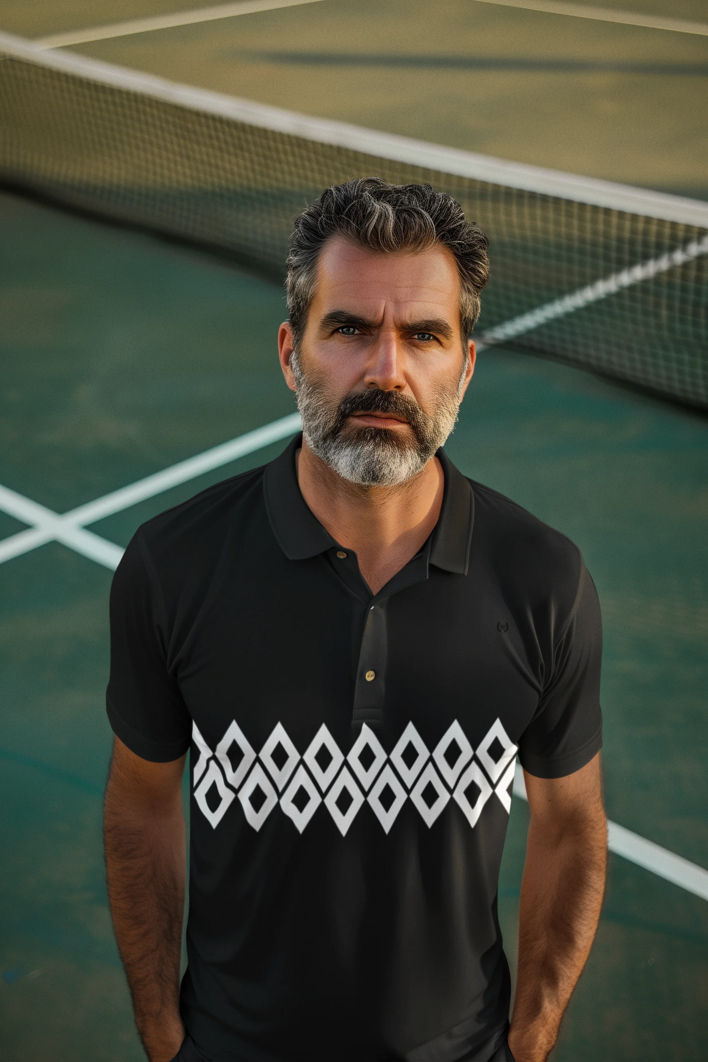 Man wearing a black polo shirt with a geometric design on a tennis court