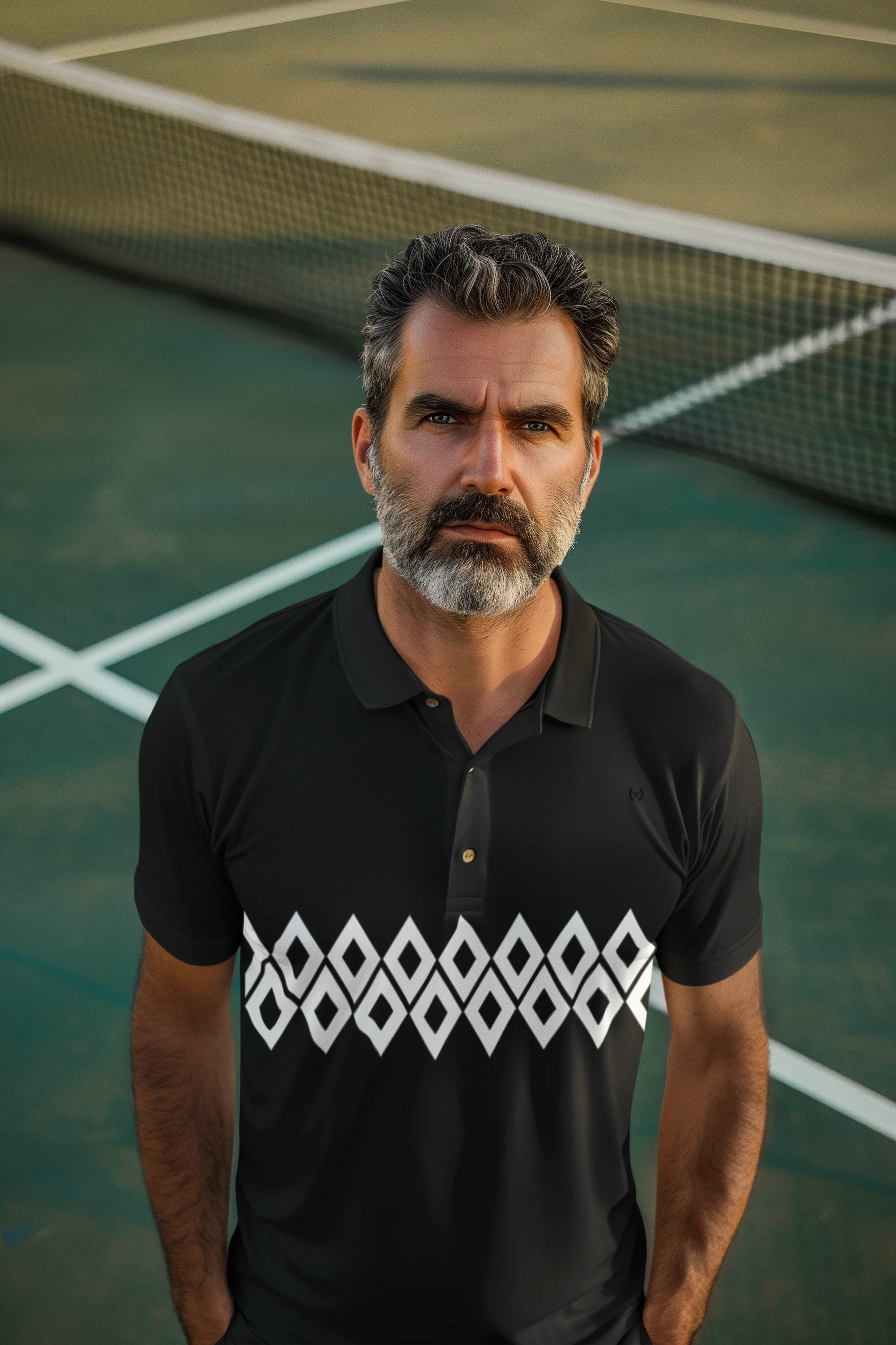 Man wearing a black polo shirt with a geometric design on a tennis court
