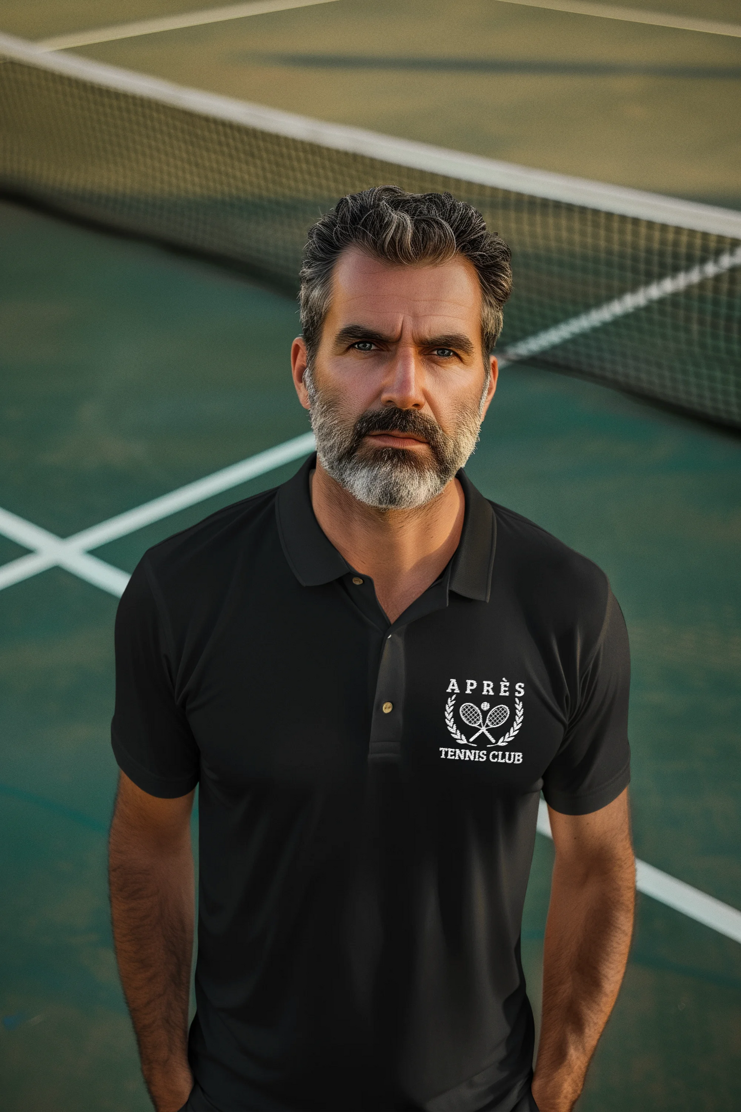 Tennis Polos Man wearing a black polo shirt with a logo on a tennis court