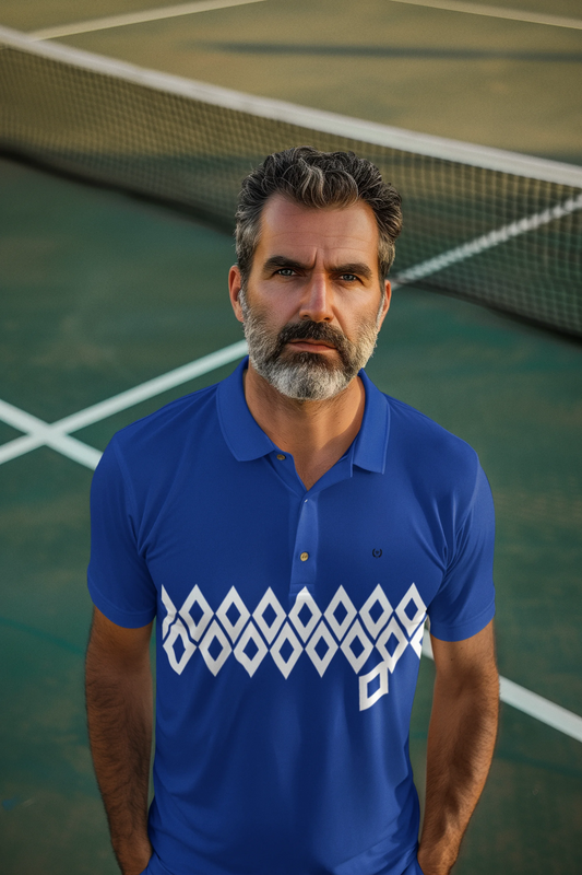 Man wearing a blue polo shirt with a geometric pattern on a tennis court