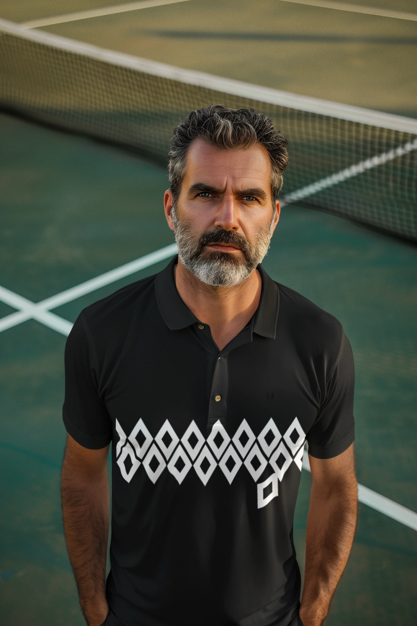 Man standing on a tennis court wearing a black polo shirt with a white logo.