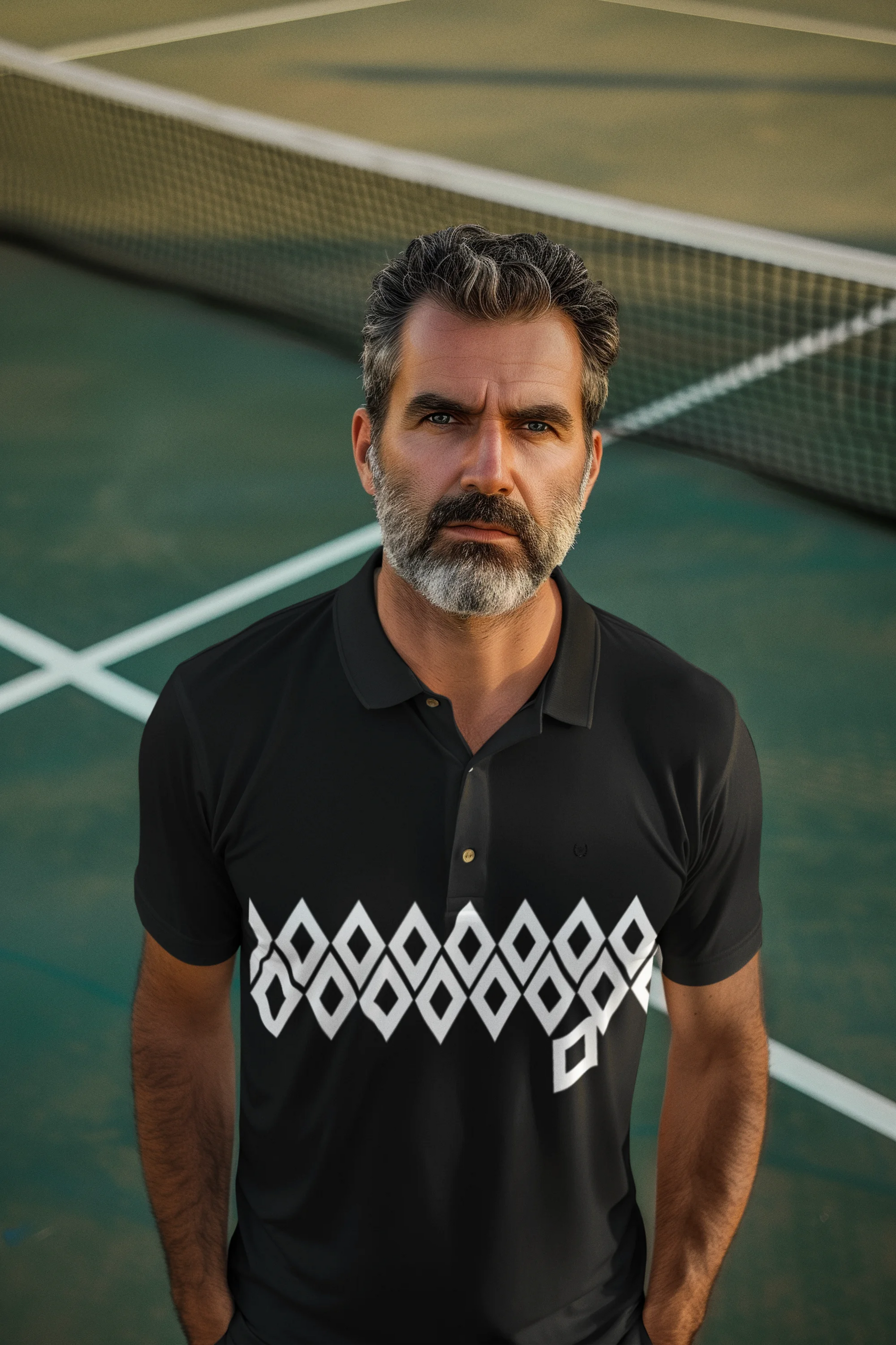 Man standing on a tennis court wearing a black polo shirt with a white logo.