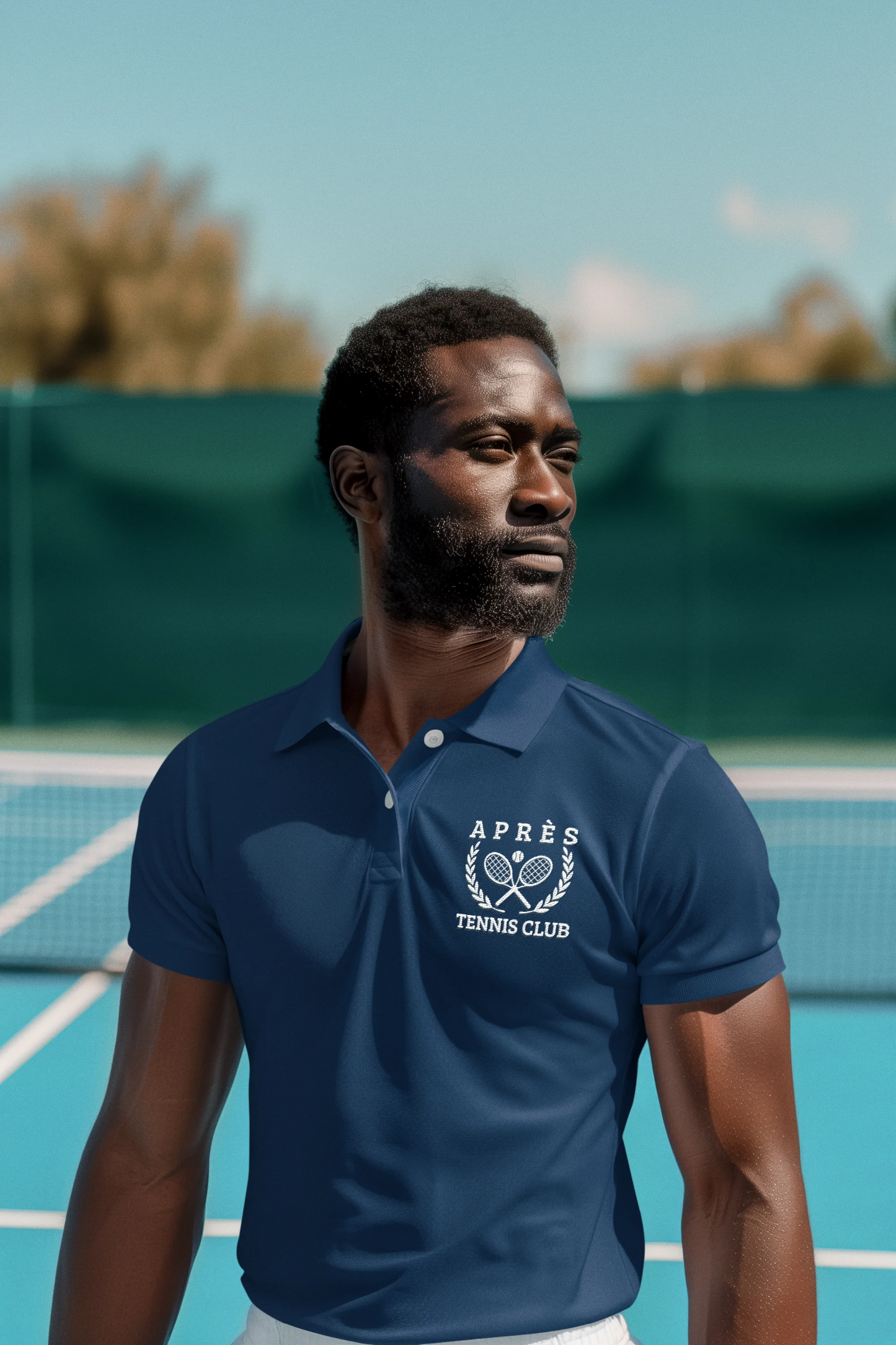 Tennis Polos Man wearing a navy blue polo shirt with a logo on a tennis court